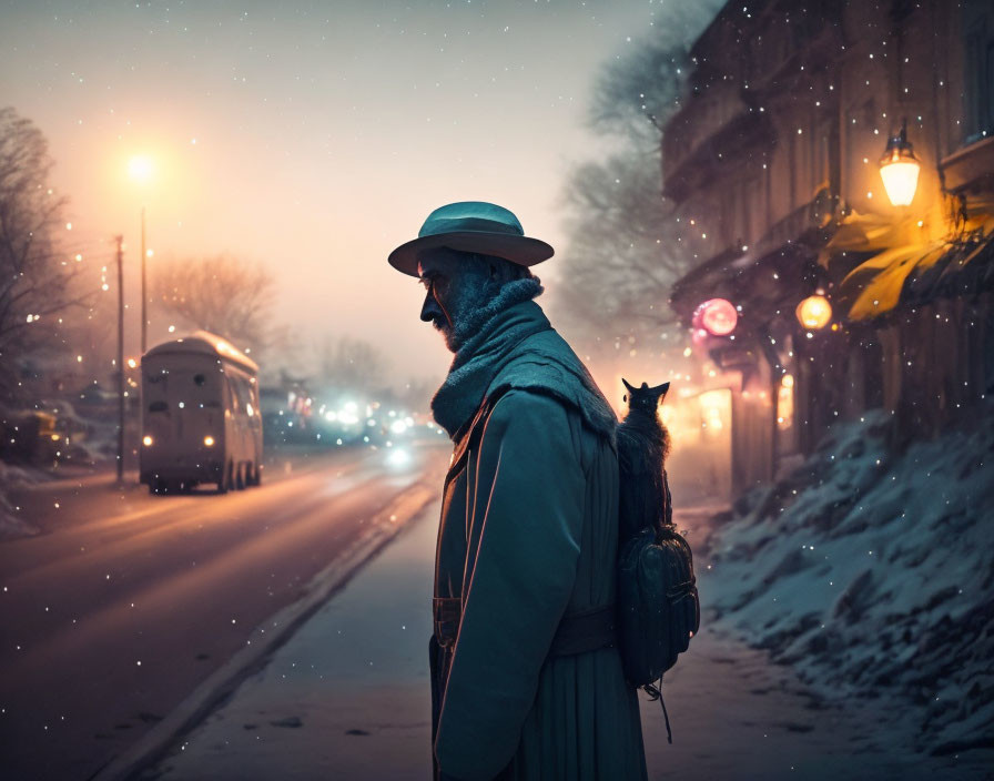 Bearded Man with Cat in Snowy Street at Dusk