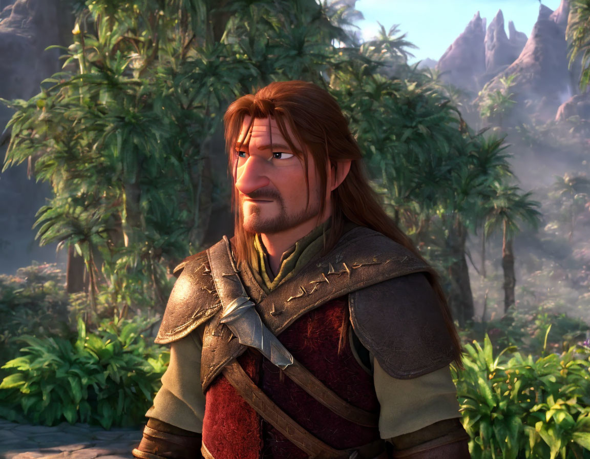 Smug animated character in medieval attire with brown hair and goatee