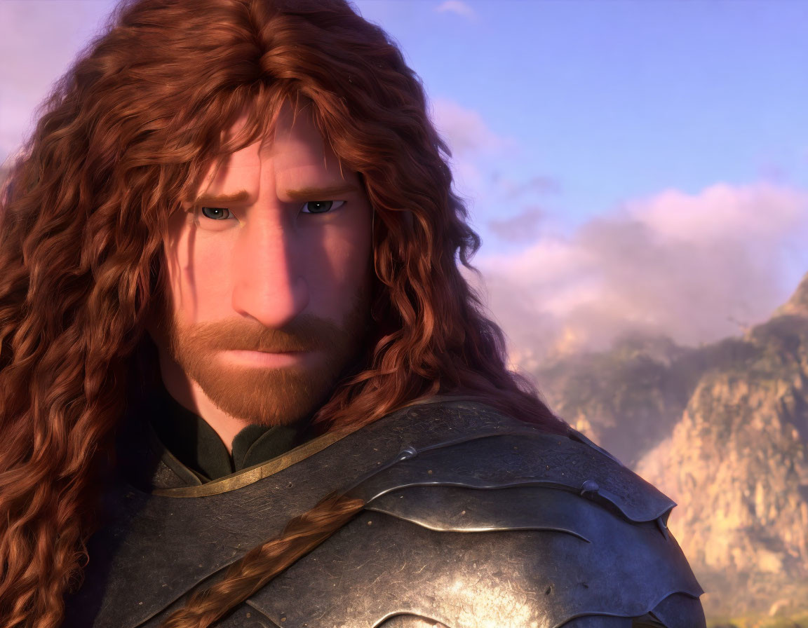 3D animated character with long curly brown hair in metal shoulder armor