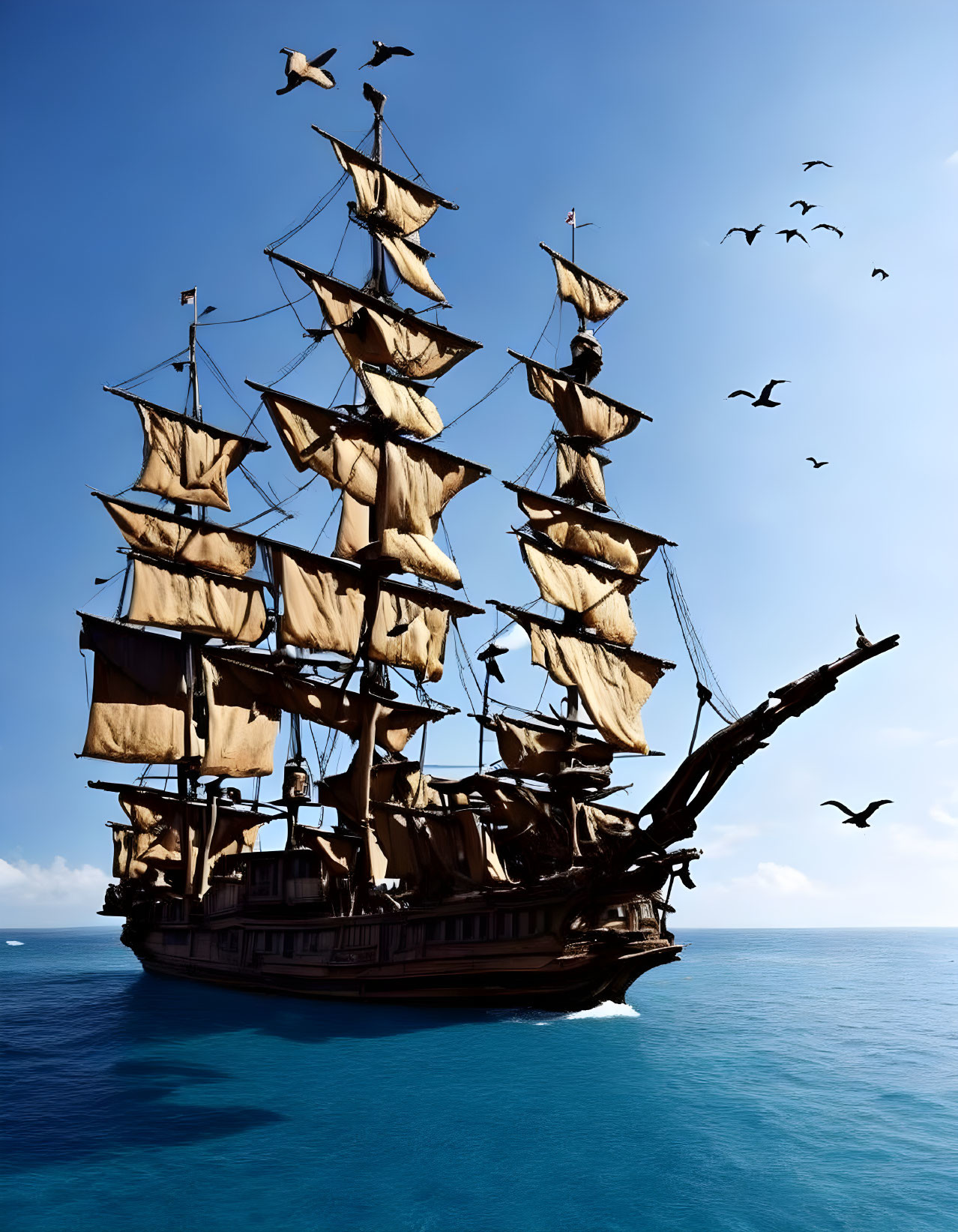 Majestic sailing ship with billowing sails and flying birds at sea