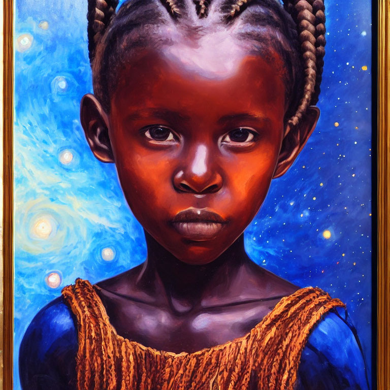 Child portrait with braided hair in golden outfit on starry blue background