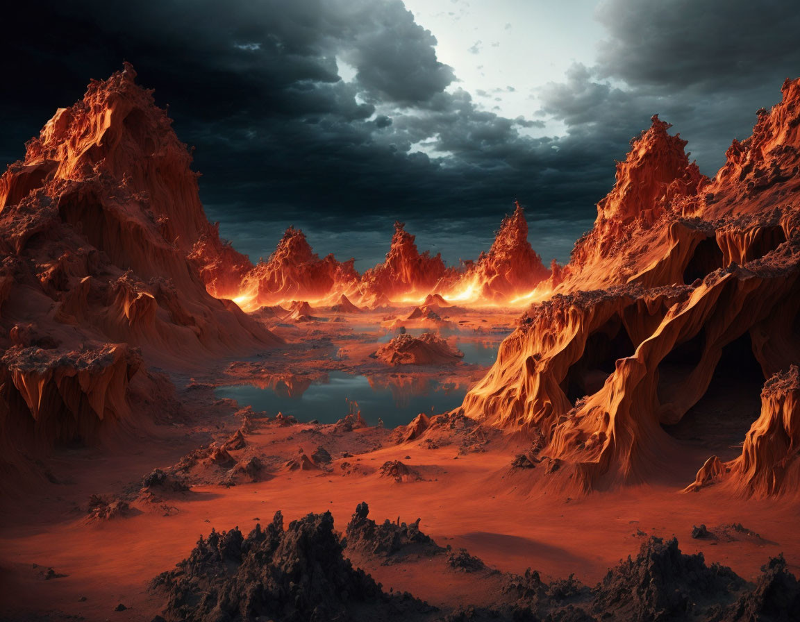 Vibrant surreal alien landscape with fiery peaks and blue water under dramatic sky