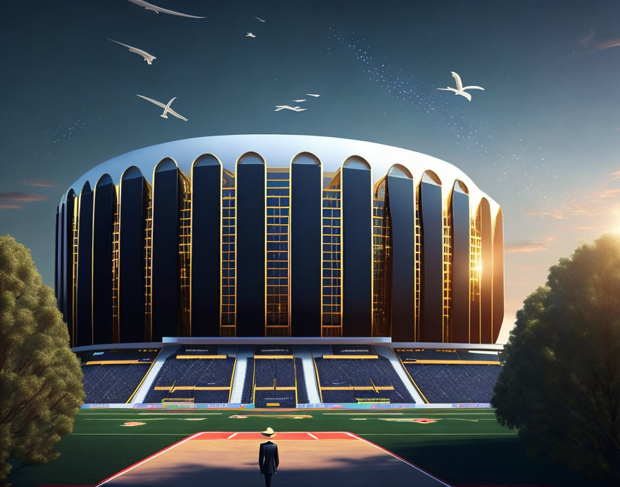 Person standing before modern stadium at dusk with golden sunlight and flying birds.