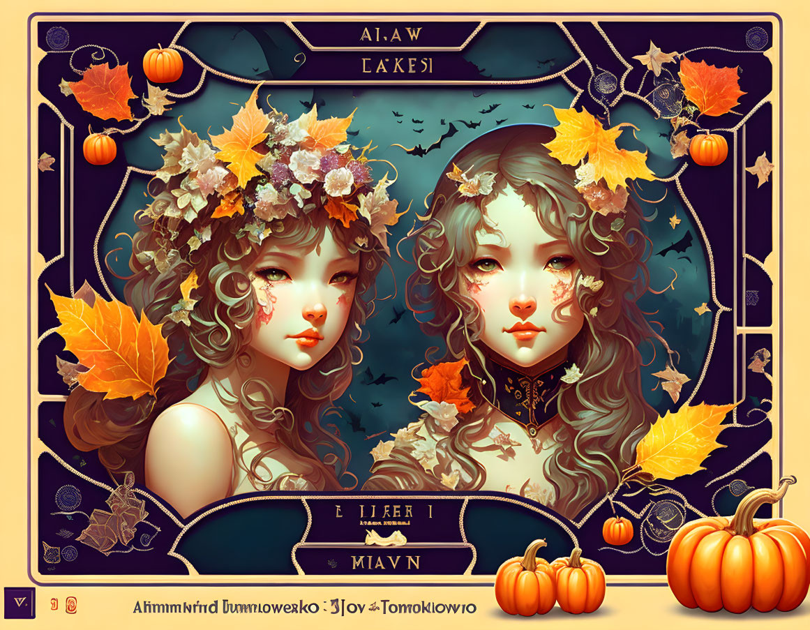 Autumn-themed vintage illustration with two figures, pumpkins, leaves, and vines