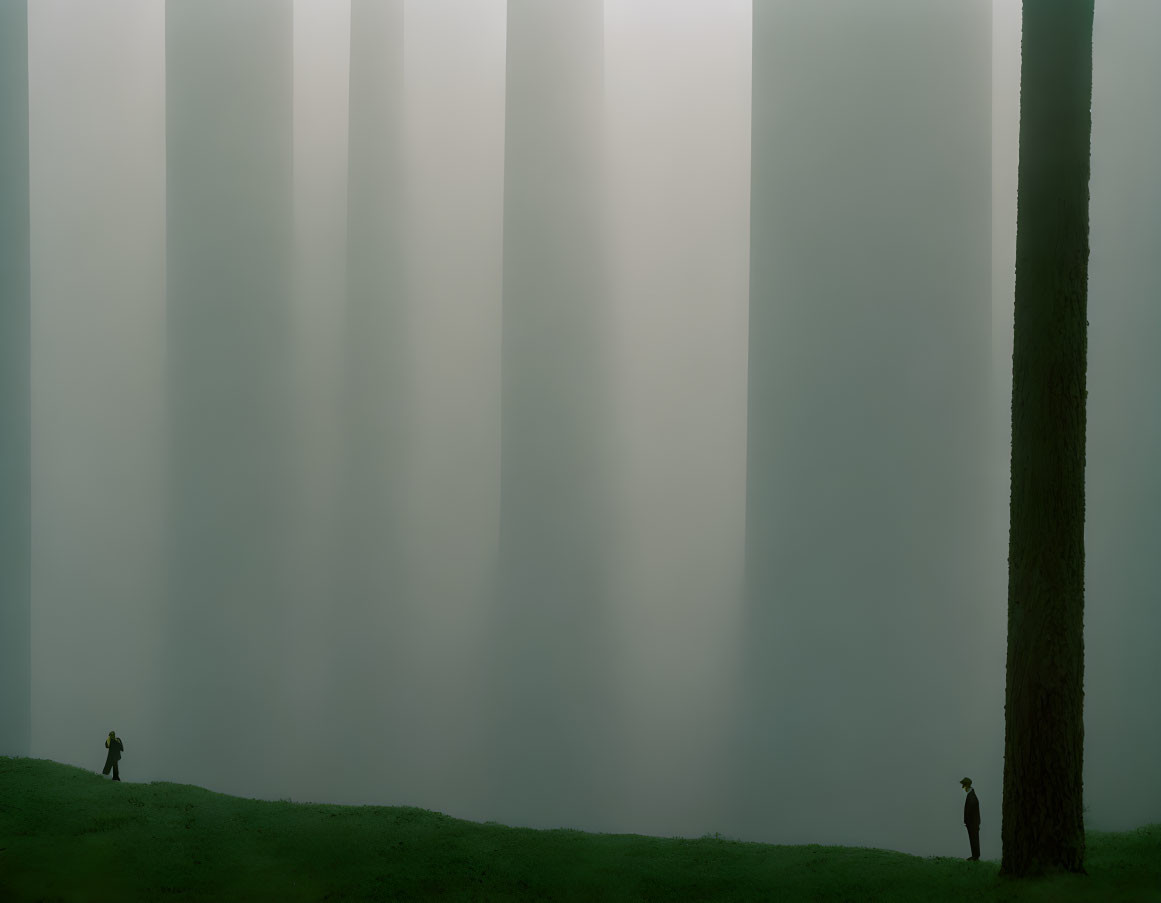 Silhouetted figures in misty forest under greenish-gray sky