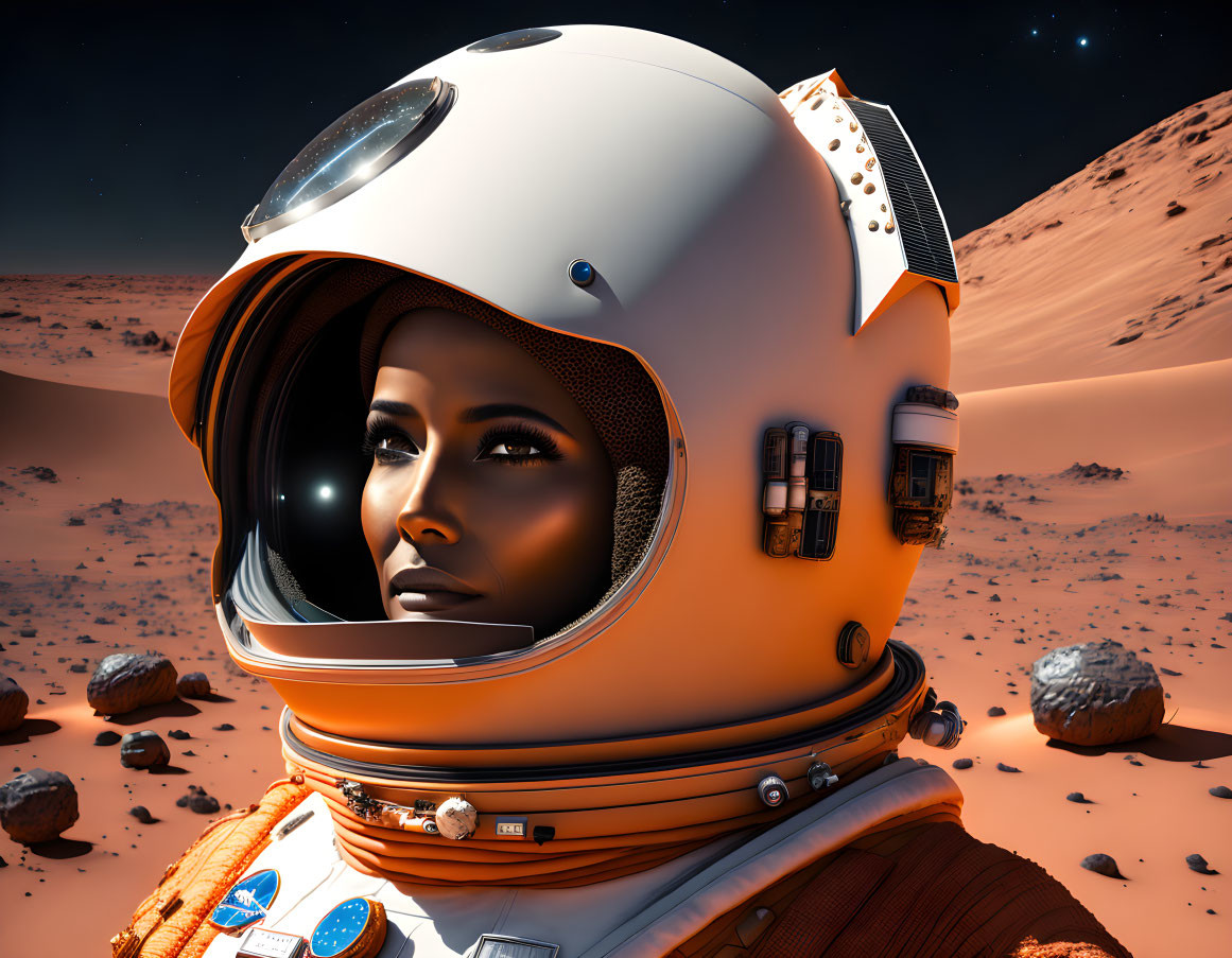 Astronaut in orange suit with reflective helmet visor on Martian landscape