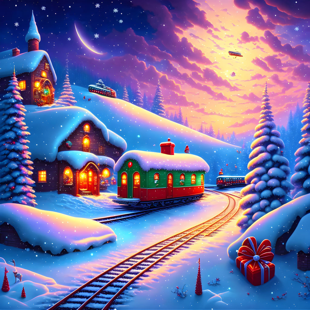 Winter Night Scene: Snowy Houses, Train, Decorated Trees, Gift, Starry Sky &