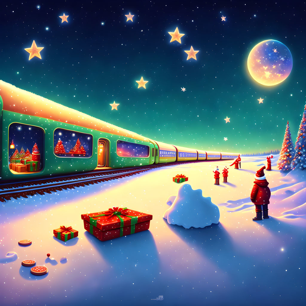 Colorful Christmas train in snowy landscape with Santa Claus and gifts