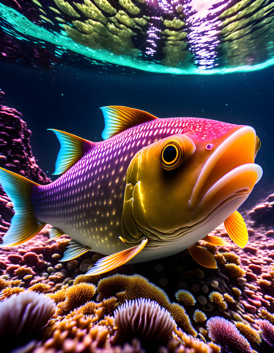 Colorful tropical fish swimming above coral reef in ocean scene