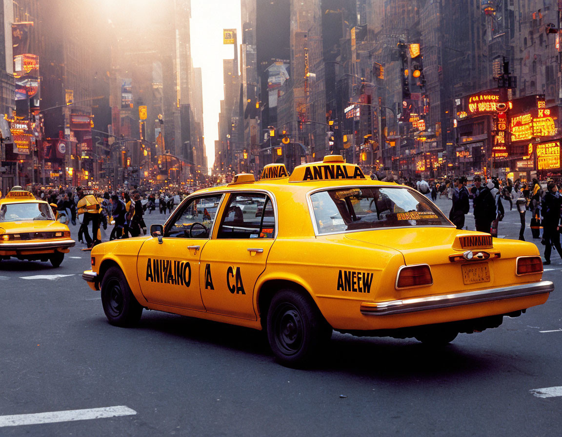 Yellow Taxis in Cityscape Dusk Scene