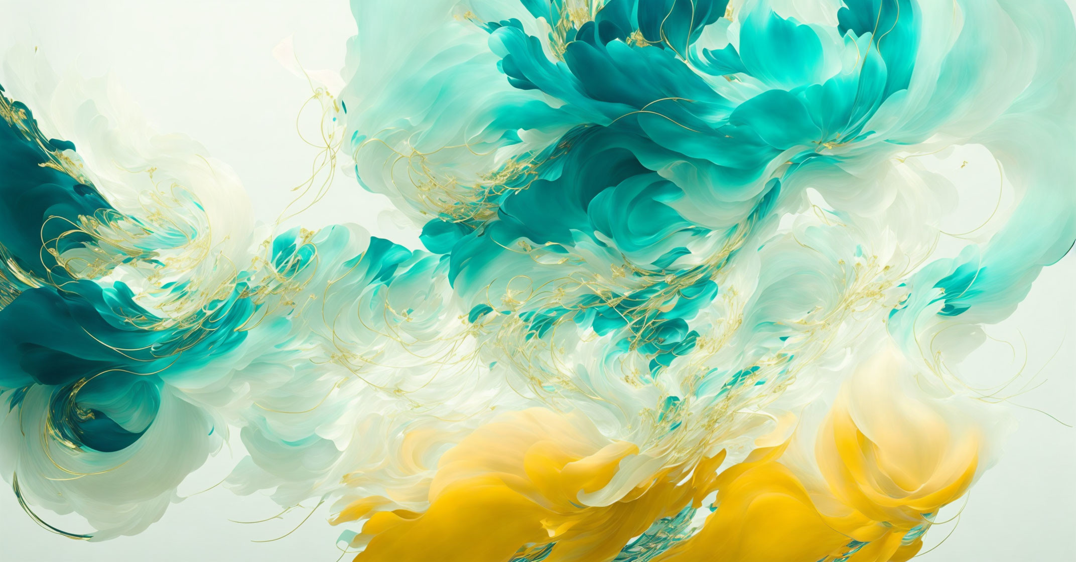 Fluid turquoise, gold, and white abstract art with swirling patterns