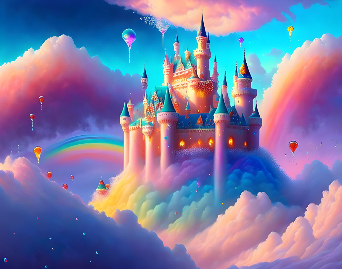 Vibrant fantasy castle above clouds with hot air balloons, rainbows, sunset sky