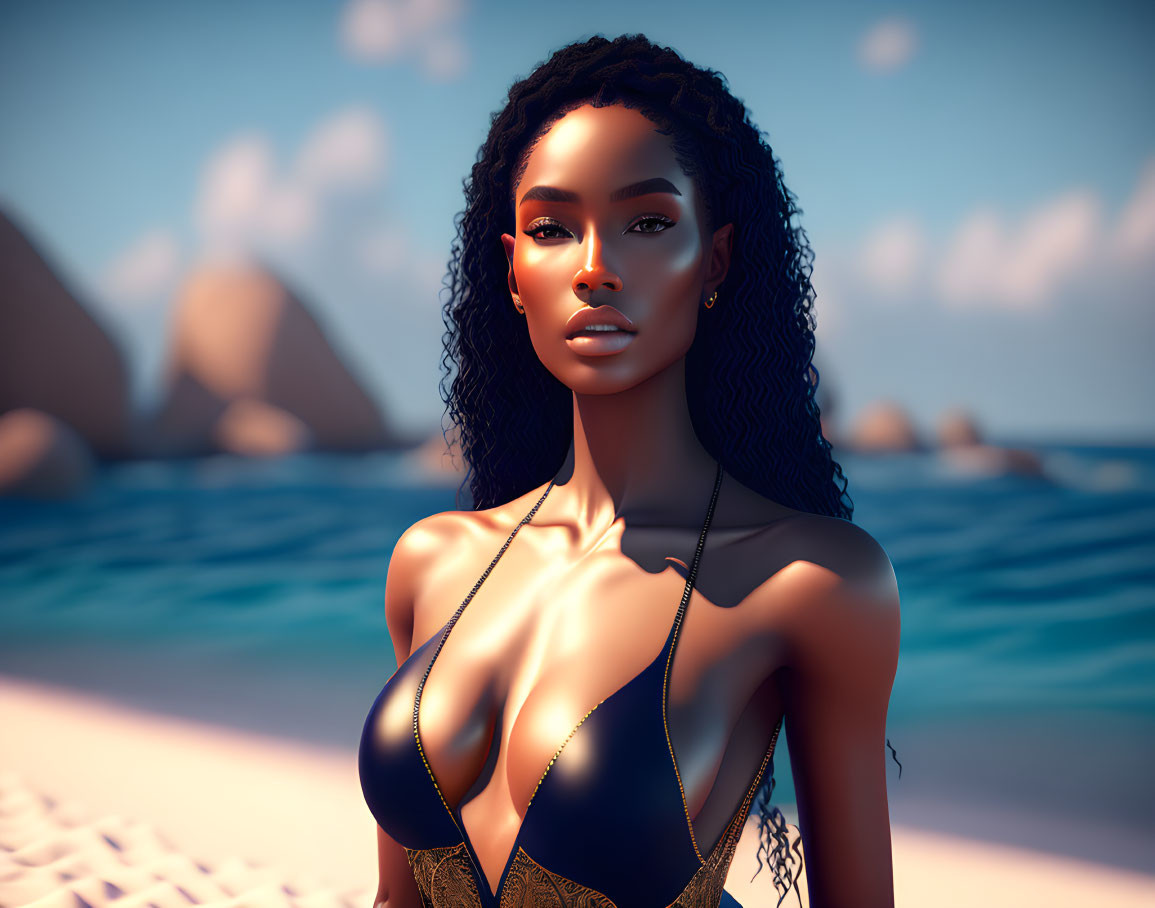 Dark-skinned woman in swimsuit on beach with rocks and ocean - 3D illustration