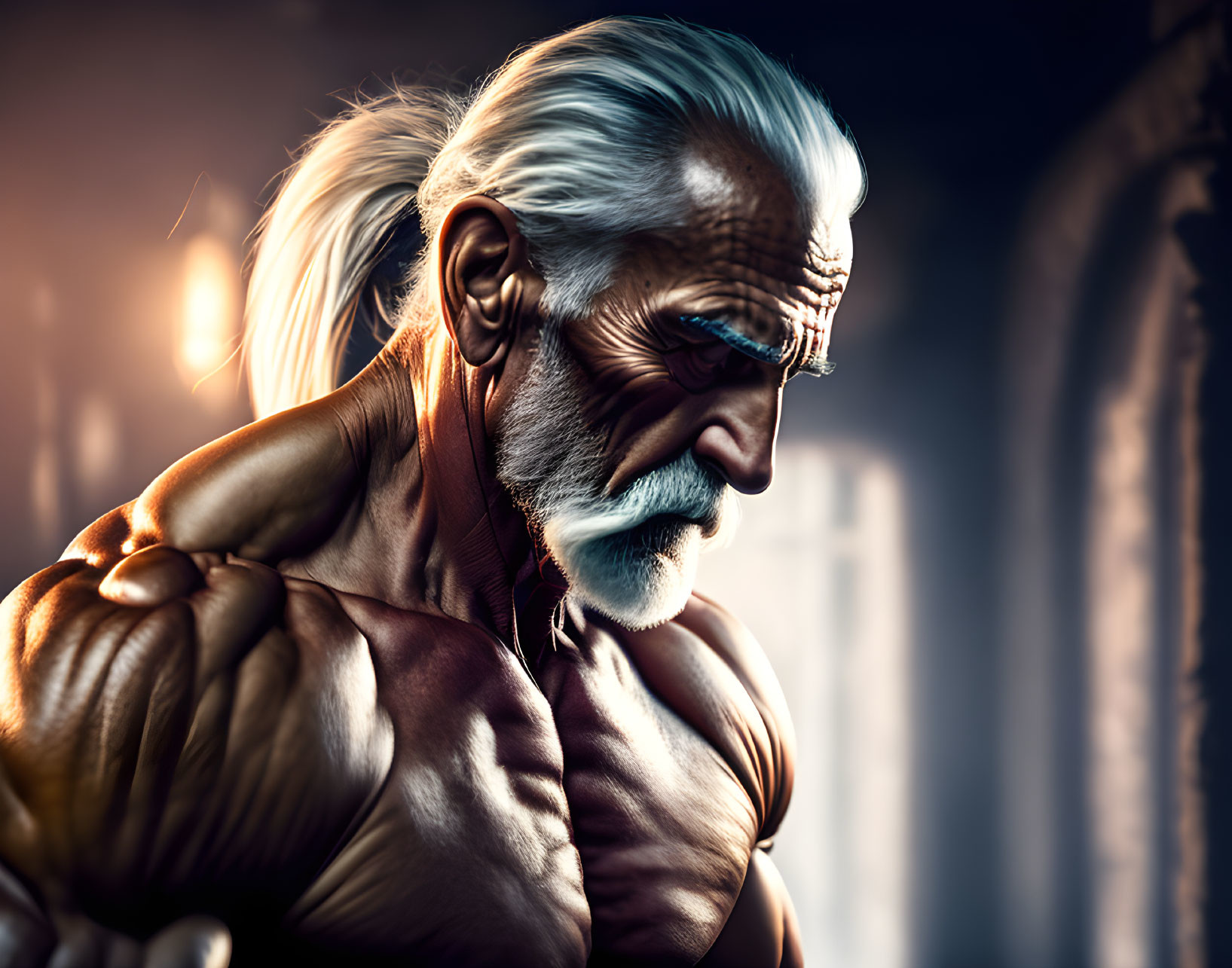 Elderly muscular man with white beard flexing arm illustration