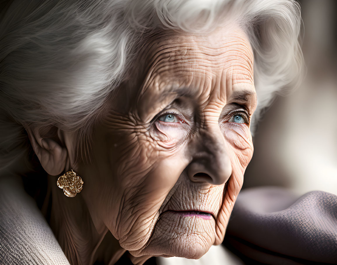 White-haired elderly woman with blue eyes and deep wrinkles.