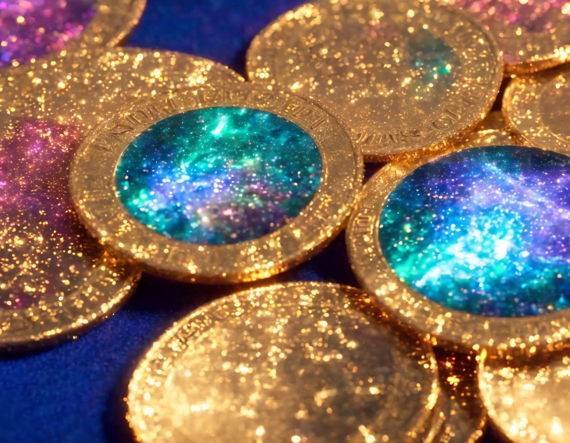 Shimmering holographic golden coins on blue background