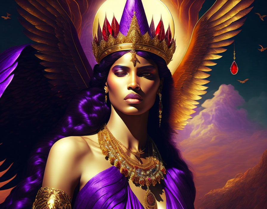 Golden-winged regal figure in purple attire with crown, set in celestial scene