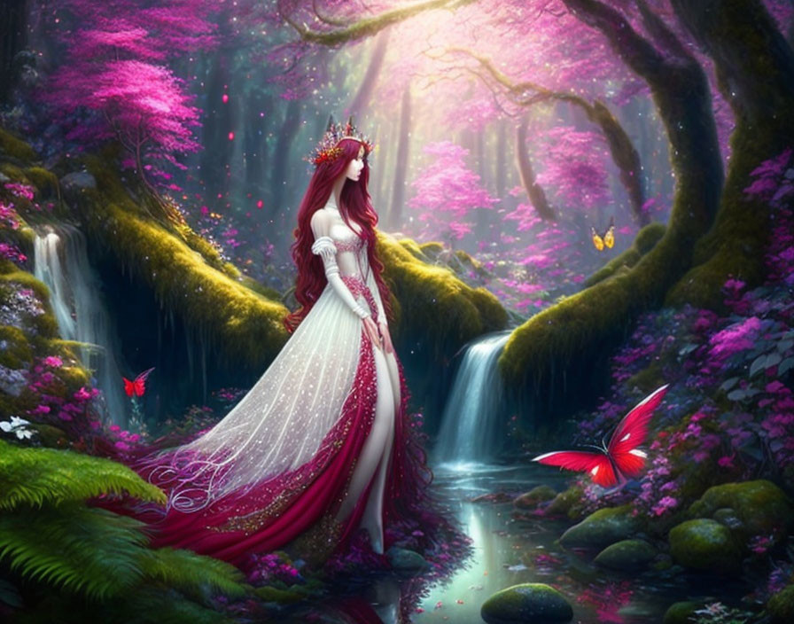 Woman in flowing white dress in enchanting forest with pink foliage, waterfalls, and vibrant butterflies