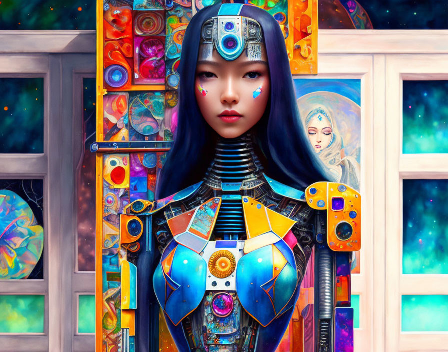 Colorful female android in futuristic cosmic setting