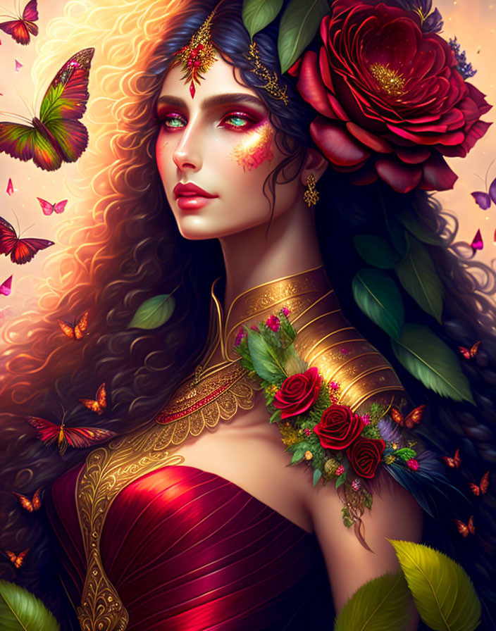 Digital artwork: Woman with floral adornments, butterflies, red and gold palette