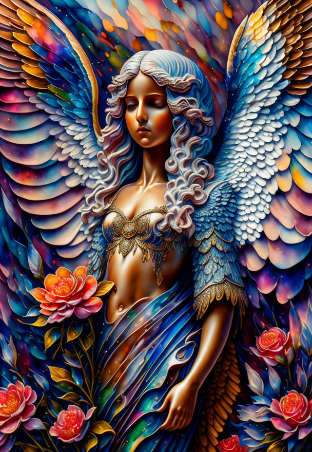 Colorful Angel Painting with Multicolored Wings and Golden Accents