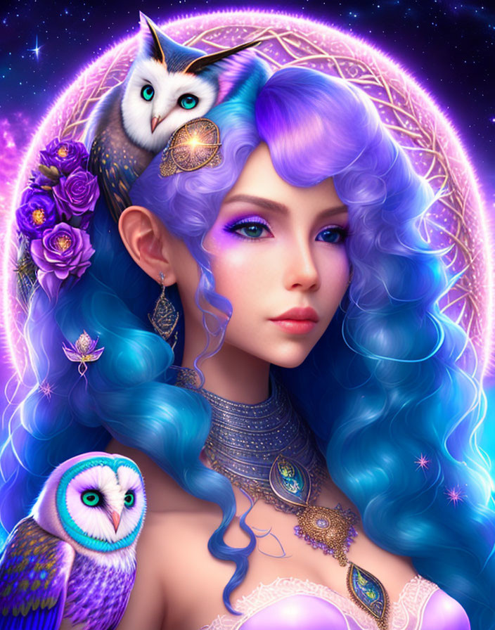 Fantasy illustration of woman with blue curly hair and owls in galaxy setting