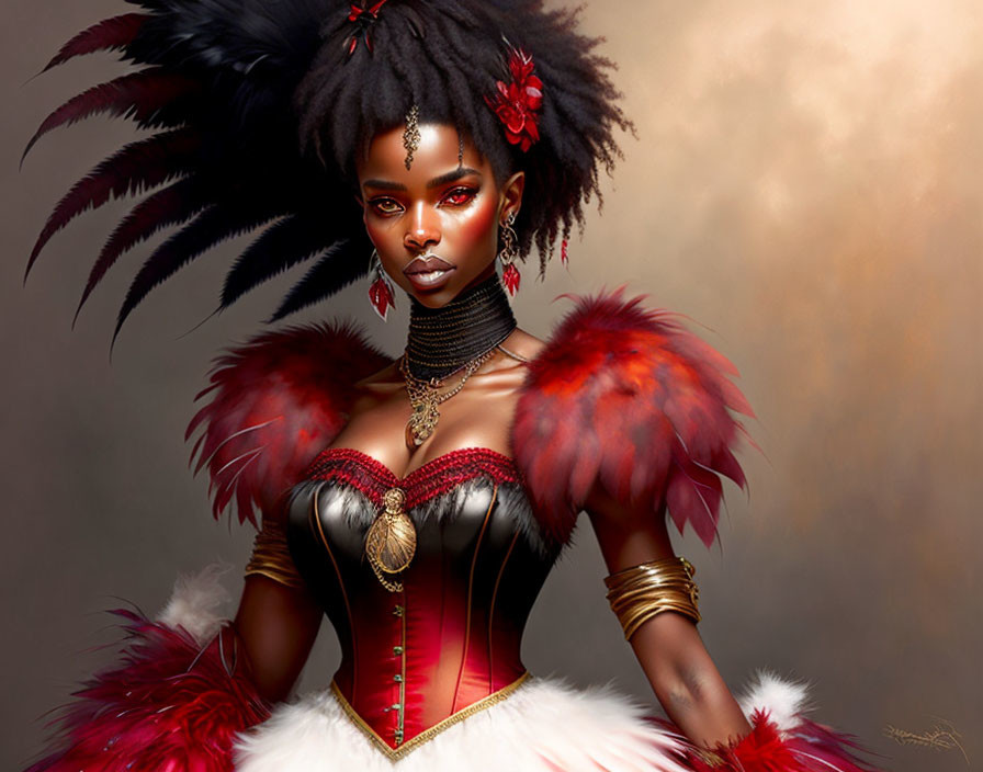 Digital artwork featuring woman with red makeup and feathered attire