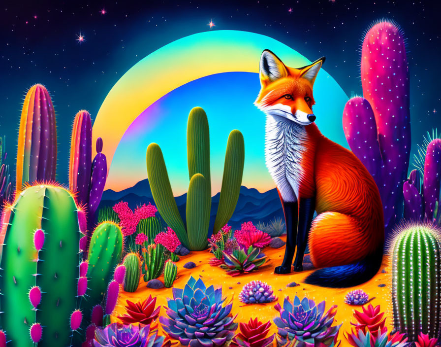 Fox among colorful cacti and crescent moon in starry night sky