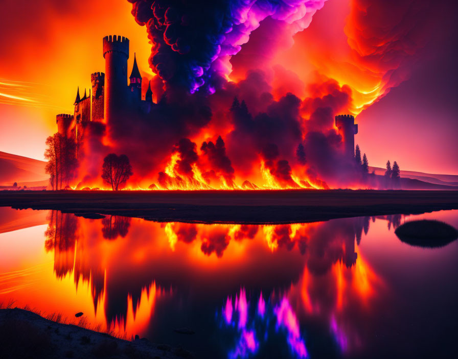 Castle with spires reflected in fiery sky and water, orange and purple hues.