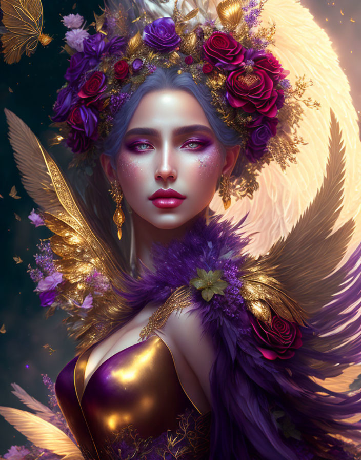 Fantasy portrait of a woman with violet hair and makeup in golden floral crown and purple attire