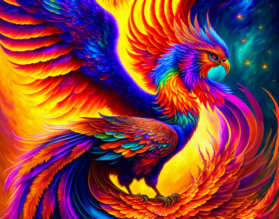 Colorful mythical phoenix against cosmic backdrop