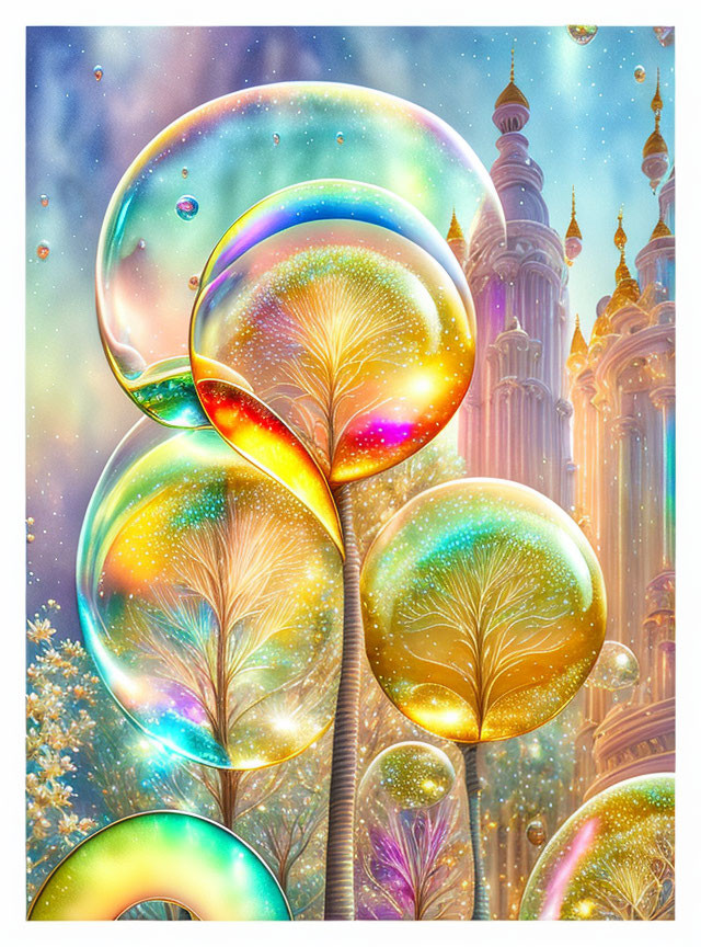 Fantastical artwork: Luminescent trees in bubbles, intricate towers, starry sky