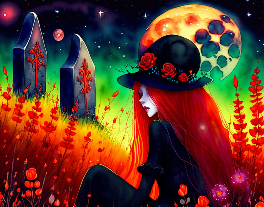 Red-haired female character in black dress and hat surrounded by flowers under moonlit sky.