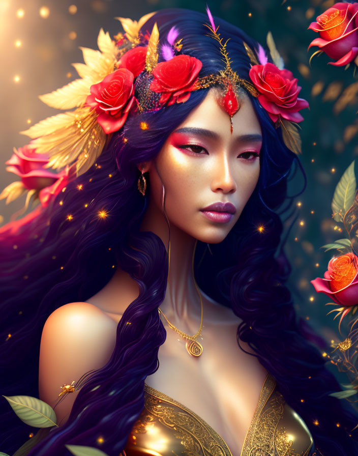 Digital artwork: Woman with purple hair, red flowers, gold jewelry, surrounded by glowing roses on dark