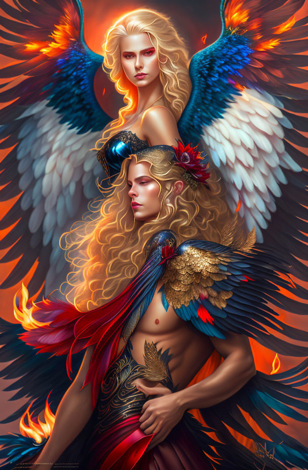 Digital artwork of majestic figures with fiery and golden wings intertwined