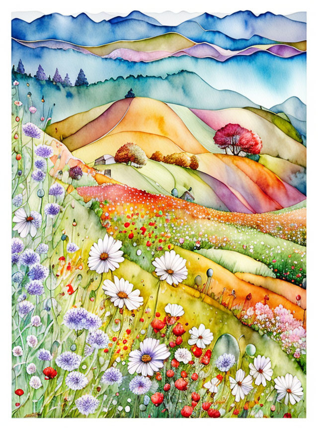 Colorful watercolor painting of whimsical landscape with rolling hills and blue mountains