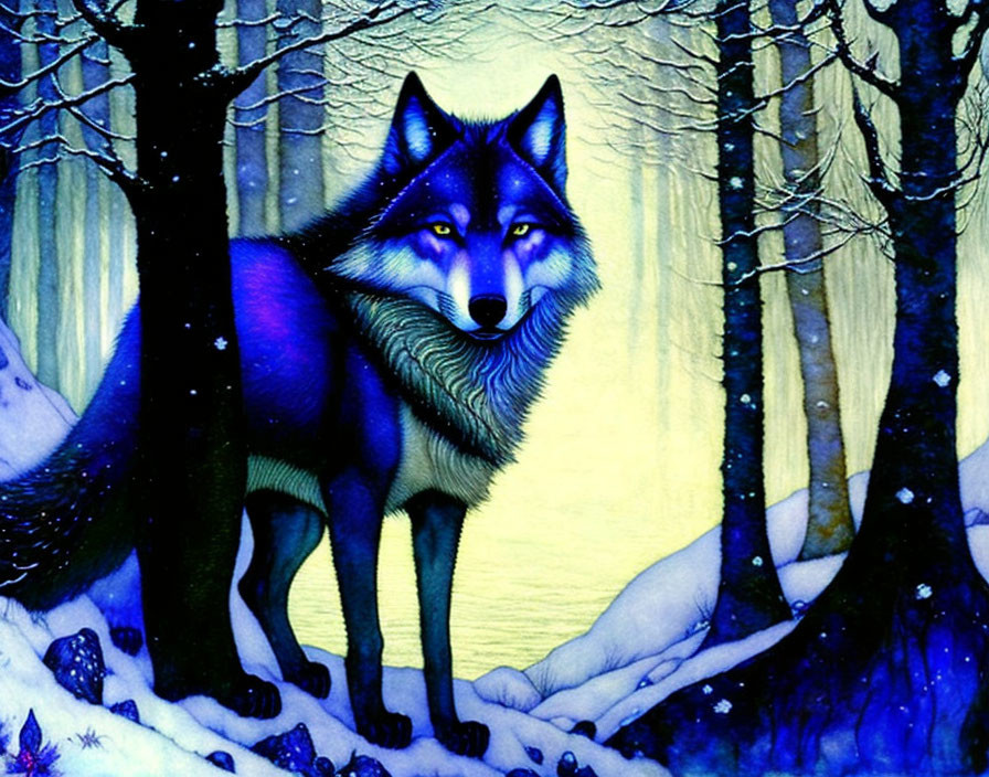 Blue wolf in snowy forest under night sky with bare trees