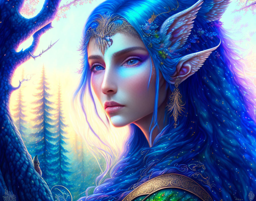 Fantasy portrait: Elf with blue skin, gold adornments, in ethereal forest