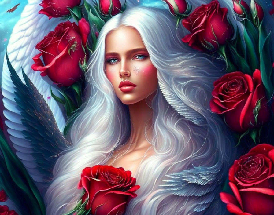 Fantasy illustration: Woman with white hair, wings, red roses