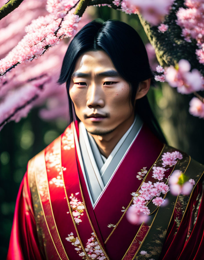 Man in red traditional attire surrounded by pink cherry blossoms under sunlight