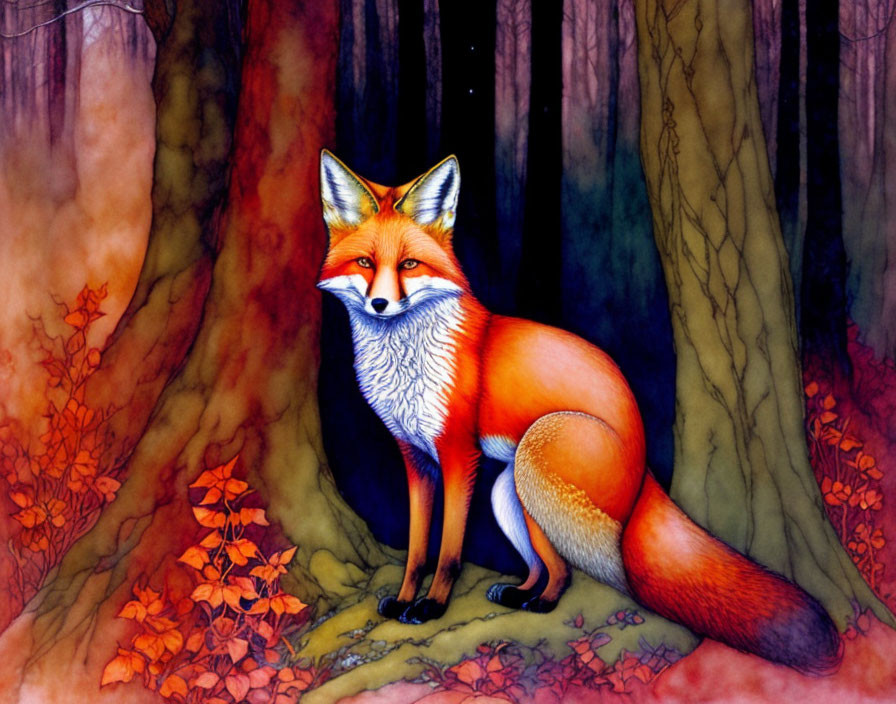 Colorful forest scene with vibrant fox illustration