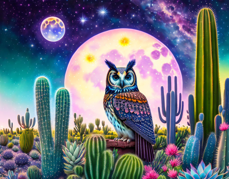 Colorful Owl Perched on Desert Branch Under Full Moon