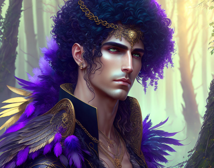 Stylized man portrait with curly hair and golden diadem in mystical forest setting