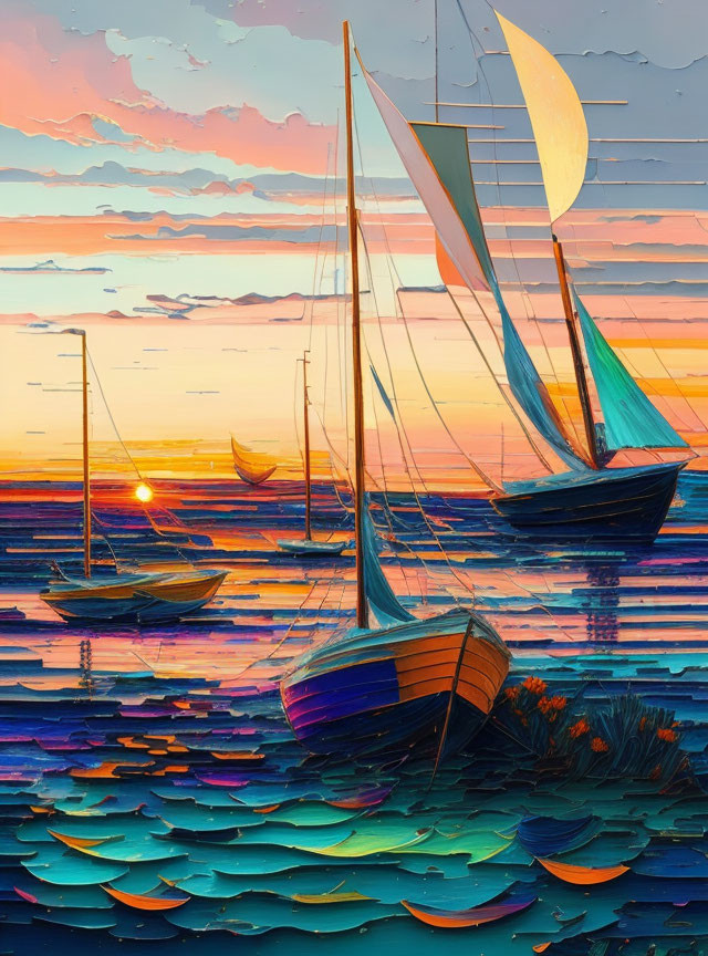 Colorful sailboats on vibrant sea with sunset sky, stylized brushstroke texture.