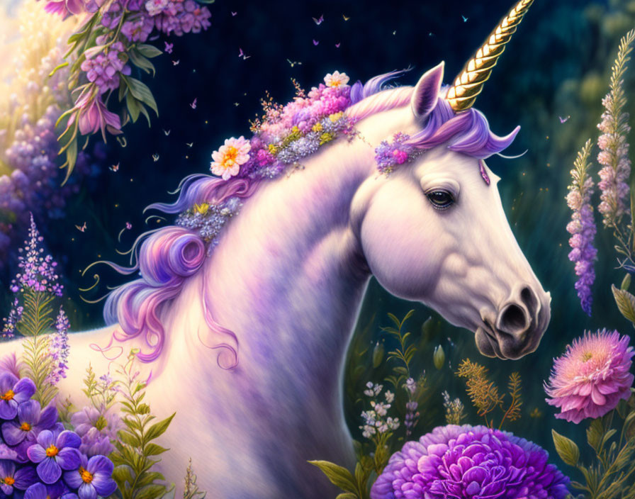 Majestic unicorn with golden horn and violet mane in lush floral setting