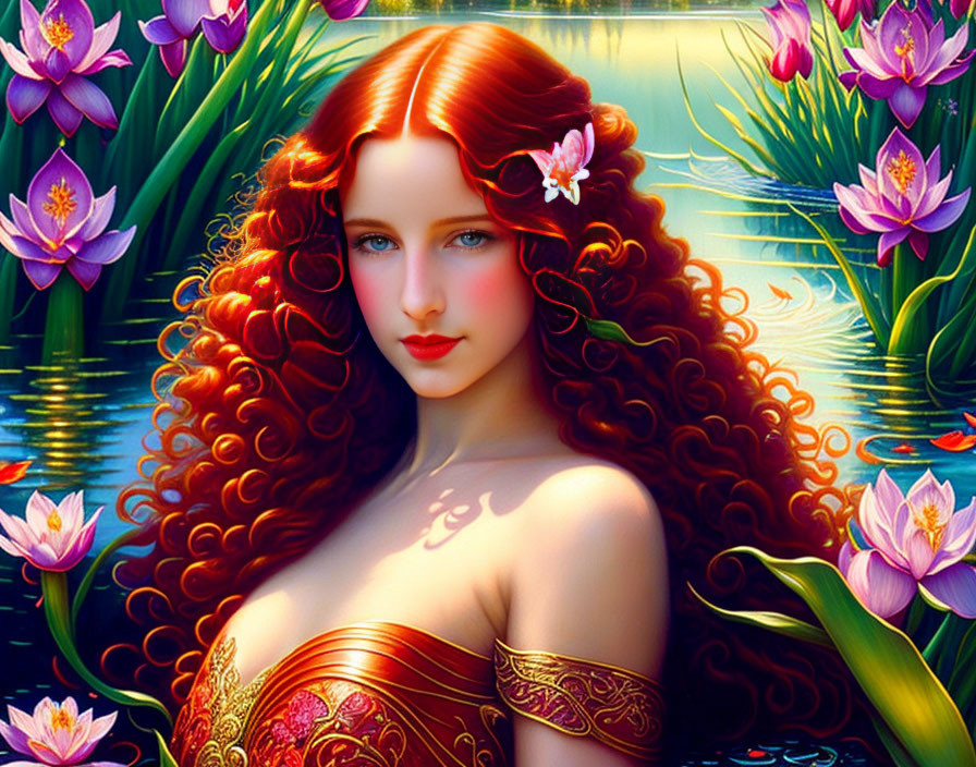 Illustration of woman with red hair, blue eyes, water lilies, and golden attire.