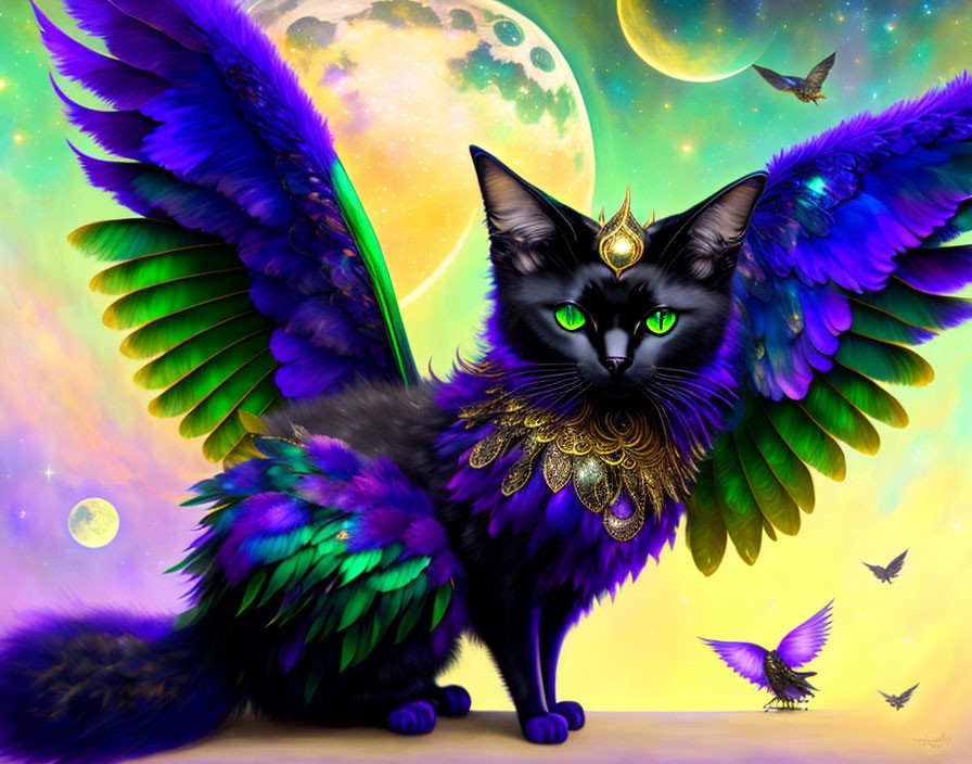 Black Cat with Blue and Green Wings, Chest Armor, Tiara in Celestial Scene