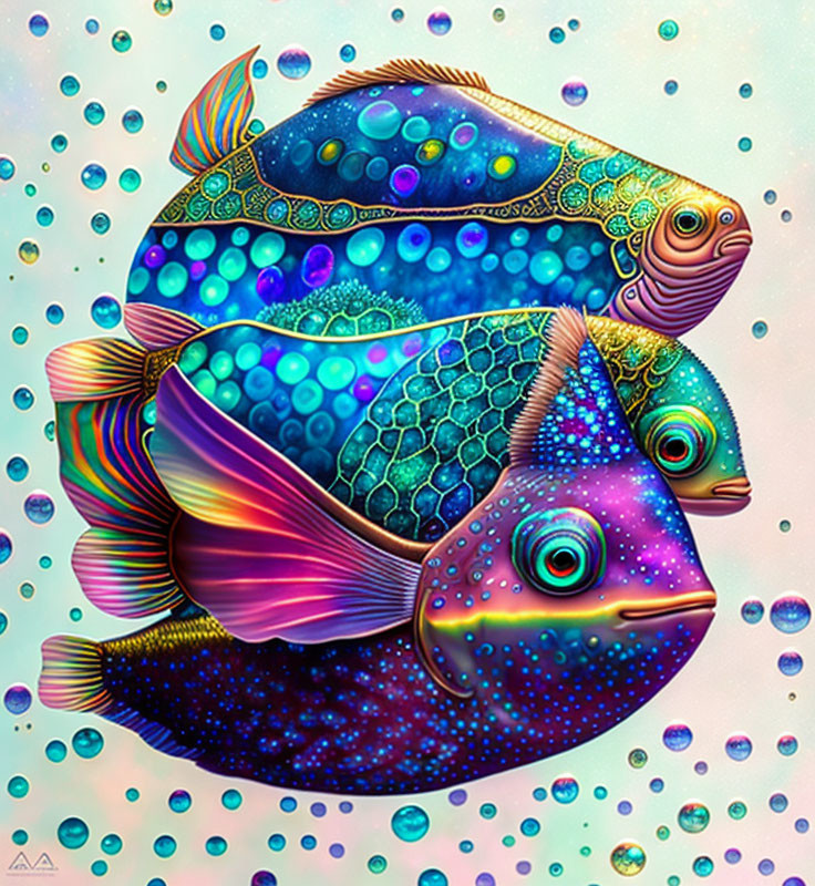 Colorful Psychedelic Fish Swimming in Teal Background