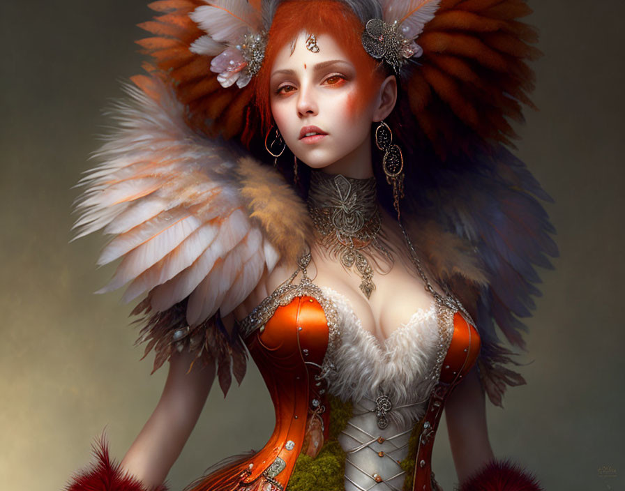 Fantasy woman portrait with red hair, ornate jewelry, and owl-like wings