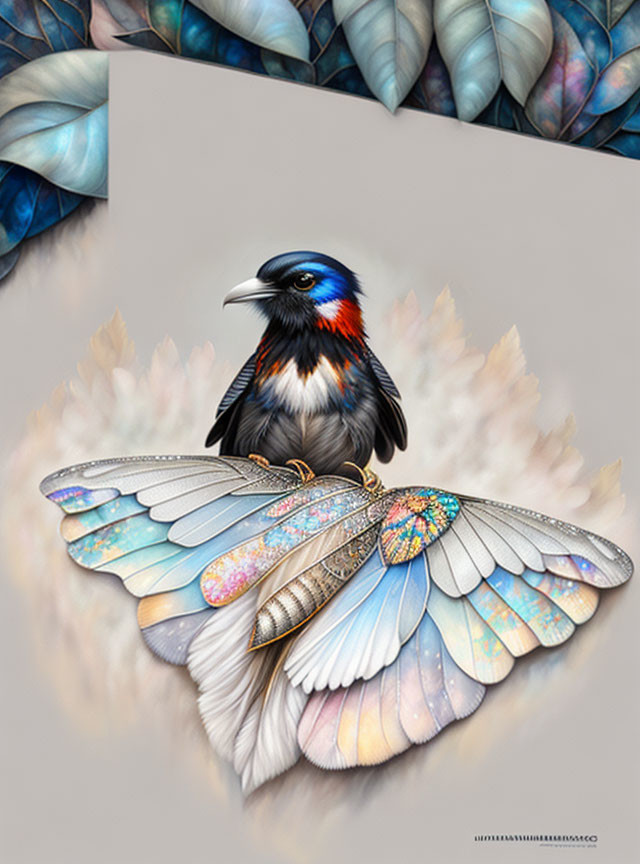 Colorful bird illustration with intricate wings on leafy background